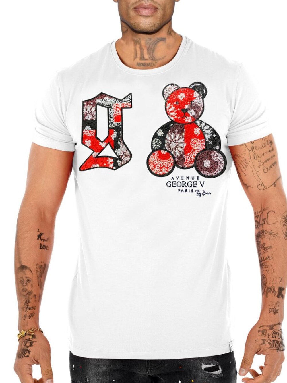 Avenue George V Paris T-Shirt Men's White Short Sleeve Rhinestone Teddy Bear 2XL